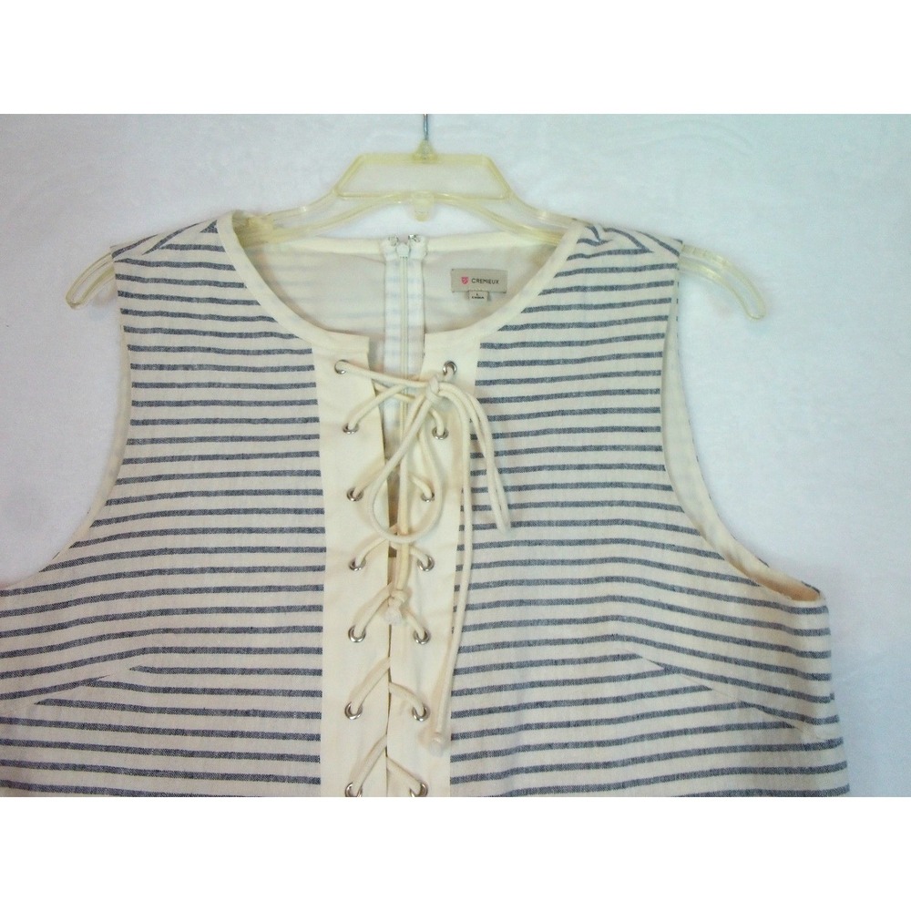 Cremieux Womens Ivory Navy Blue Striped Lace Up Linen Blend Shift Dress Size L